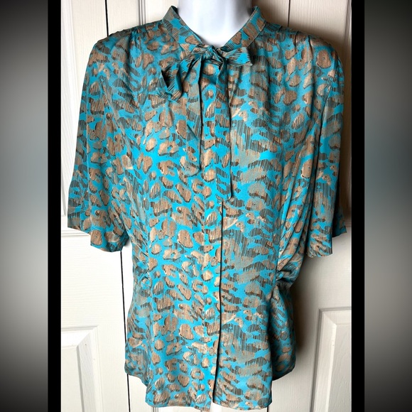 DONCASTER Silk Blouse Tie Collar Button Turquoise Brown Short Sleeve Geo Small - Picture 2 of 9